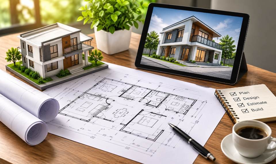 Architectural plans and a 3D house model on a desk